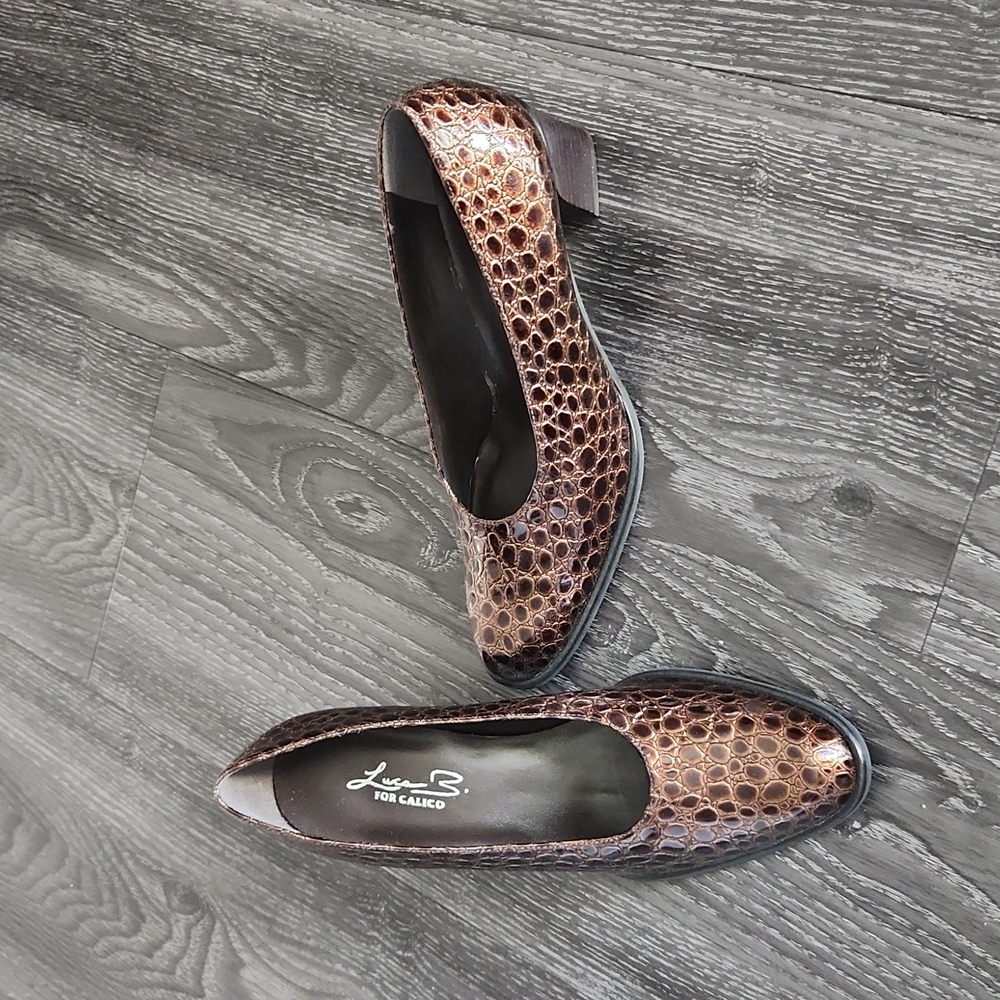 Luca B for Calico Brown Leather Snakeskin Block Heels 6.5